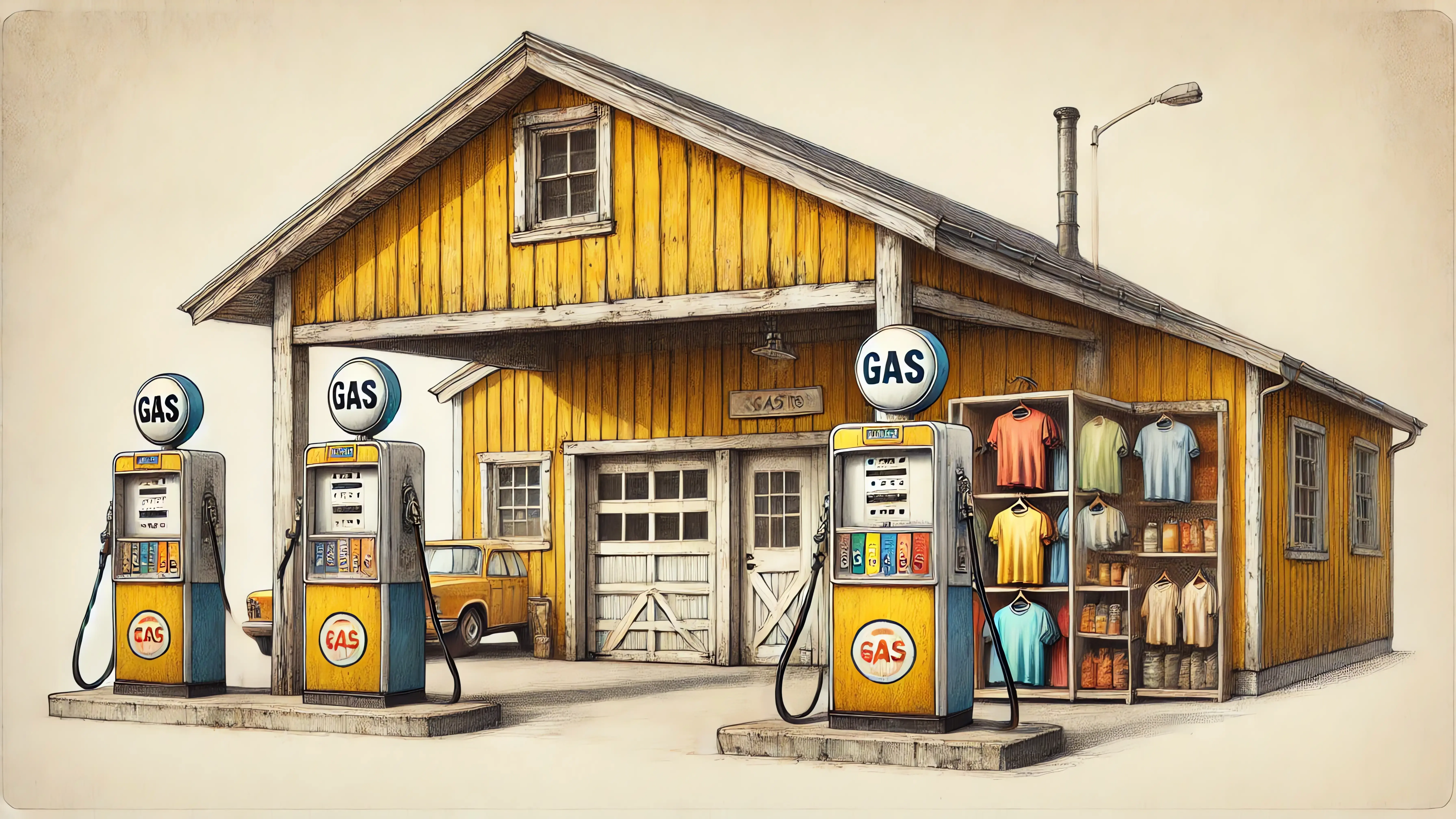 A rustic gas station with a rack of t-shirts for sale outside.
