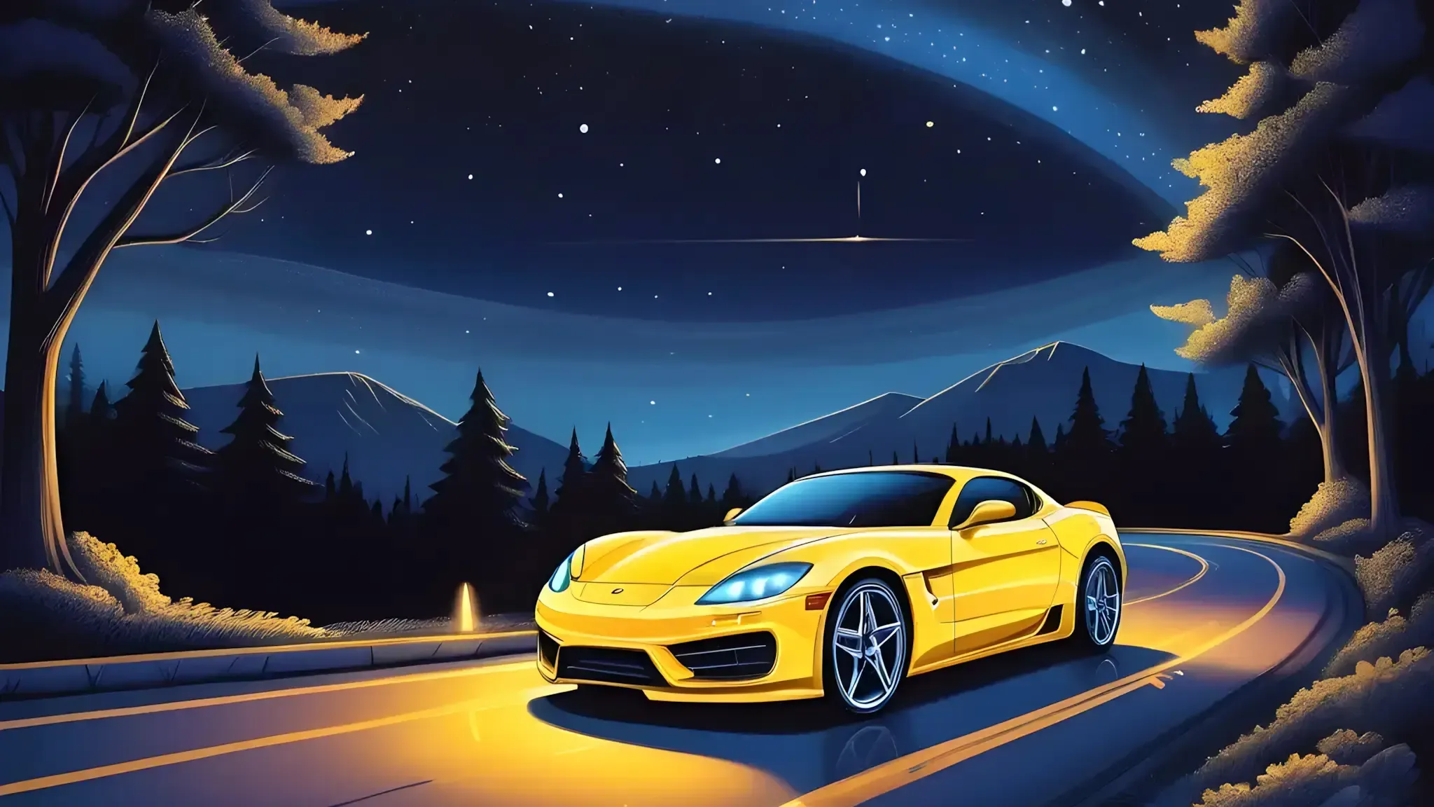 A car driving through a forest at night.