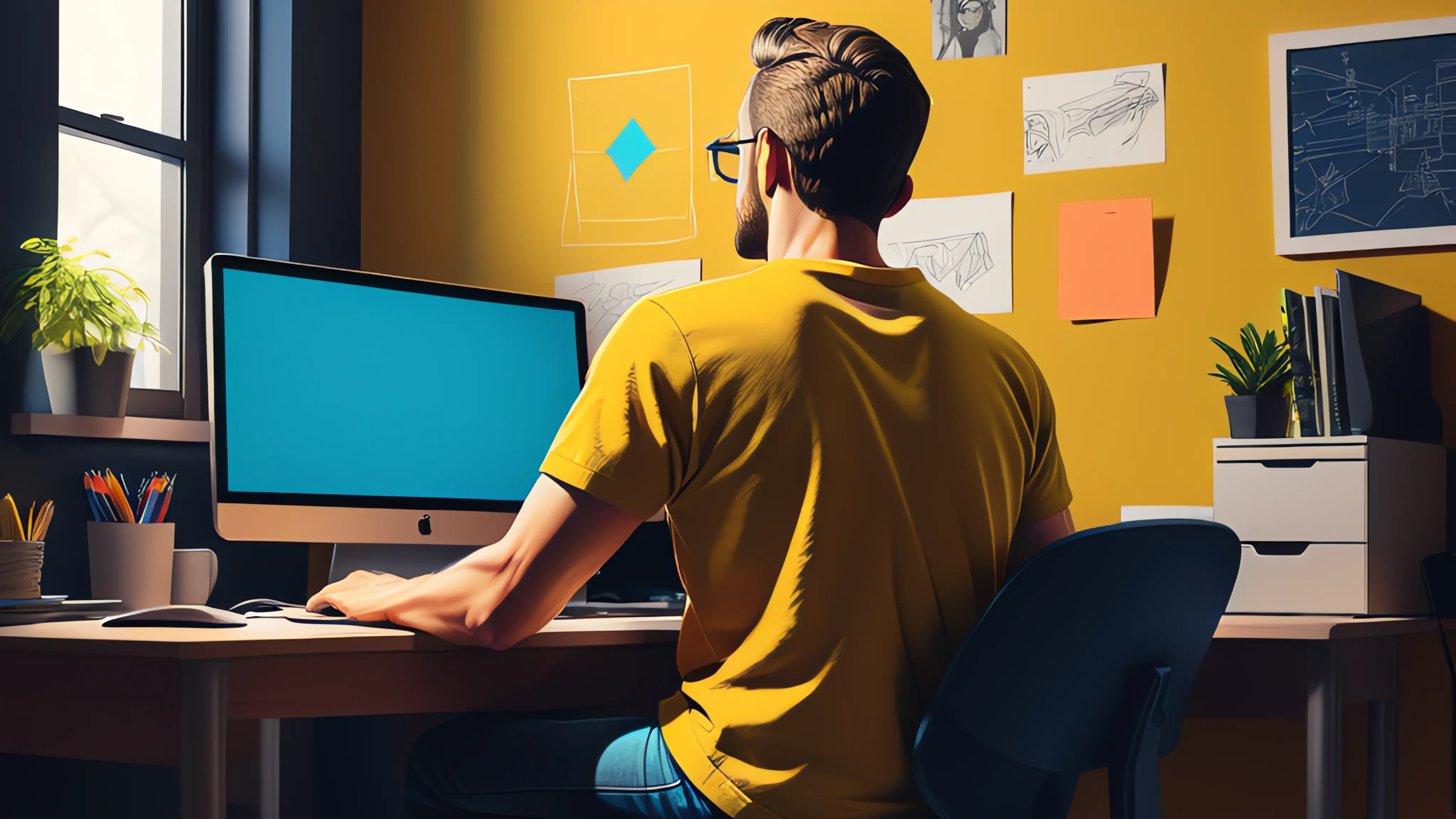 A man at a desk typing on a laptop.